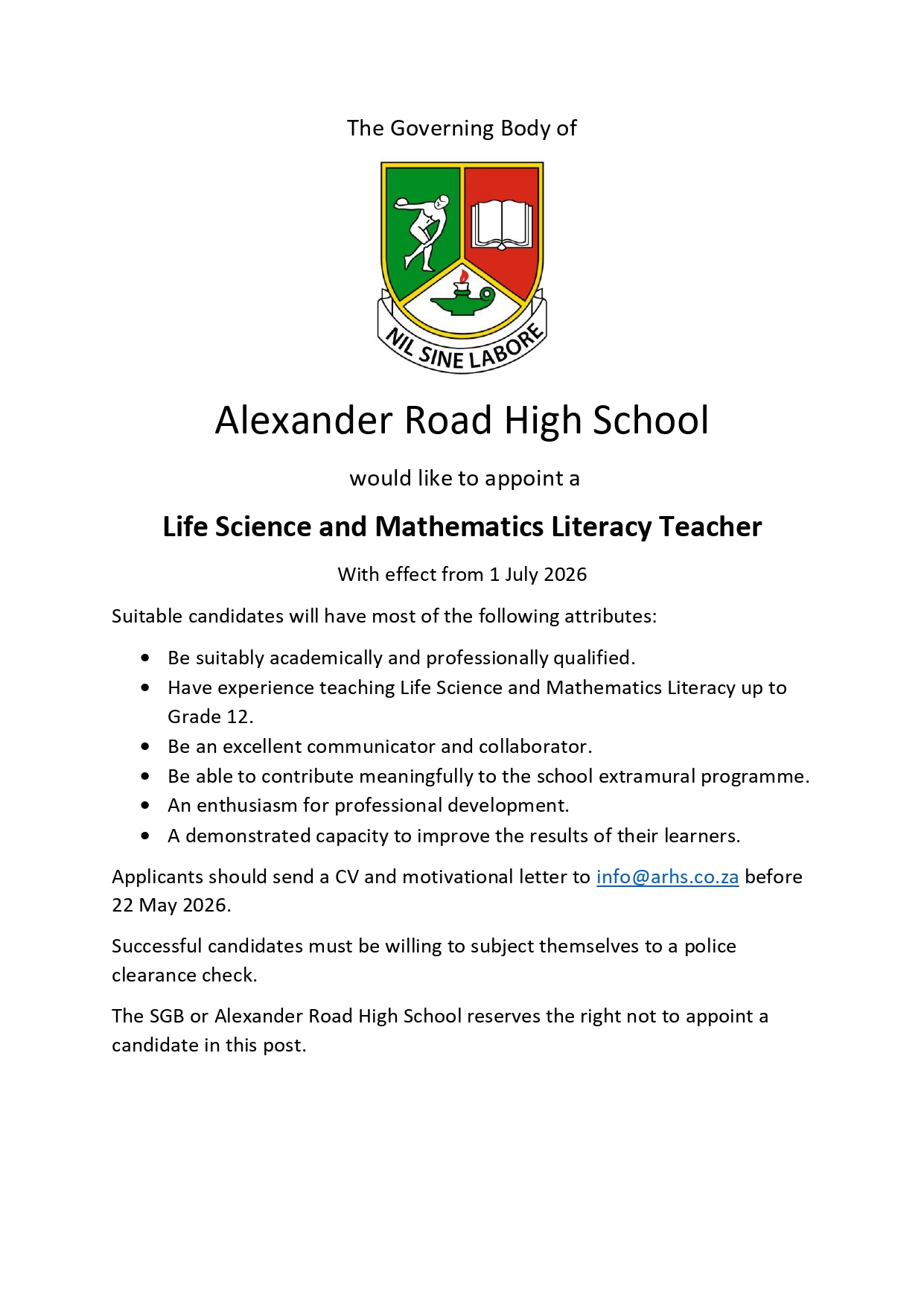 LS teacher advert